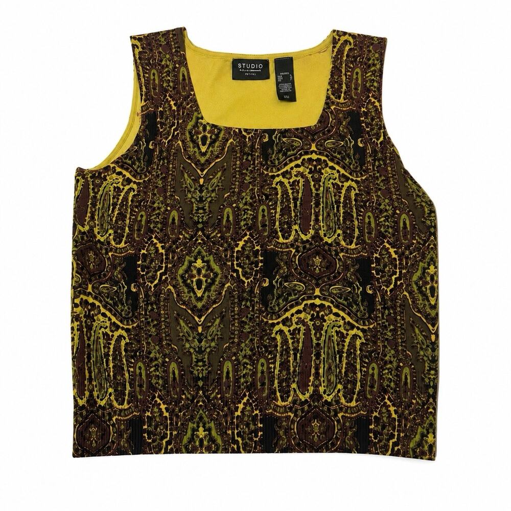 WOMAN LIZ CLAIBORNE ABSTRACT Petite PL KNIT TANK TOP Silk Cotton OLIVE GREEN EUC